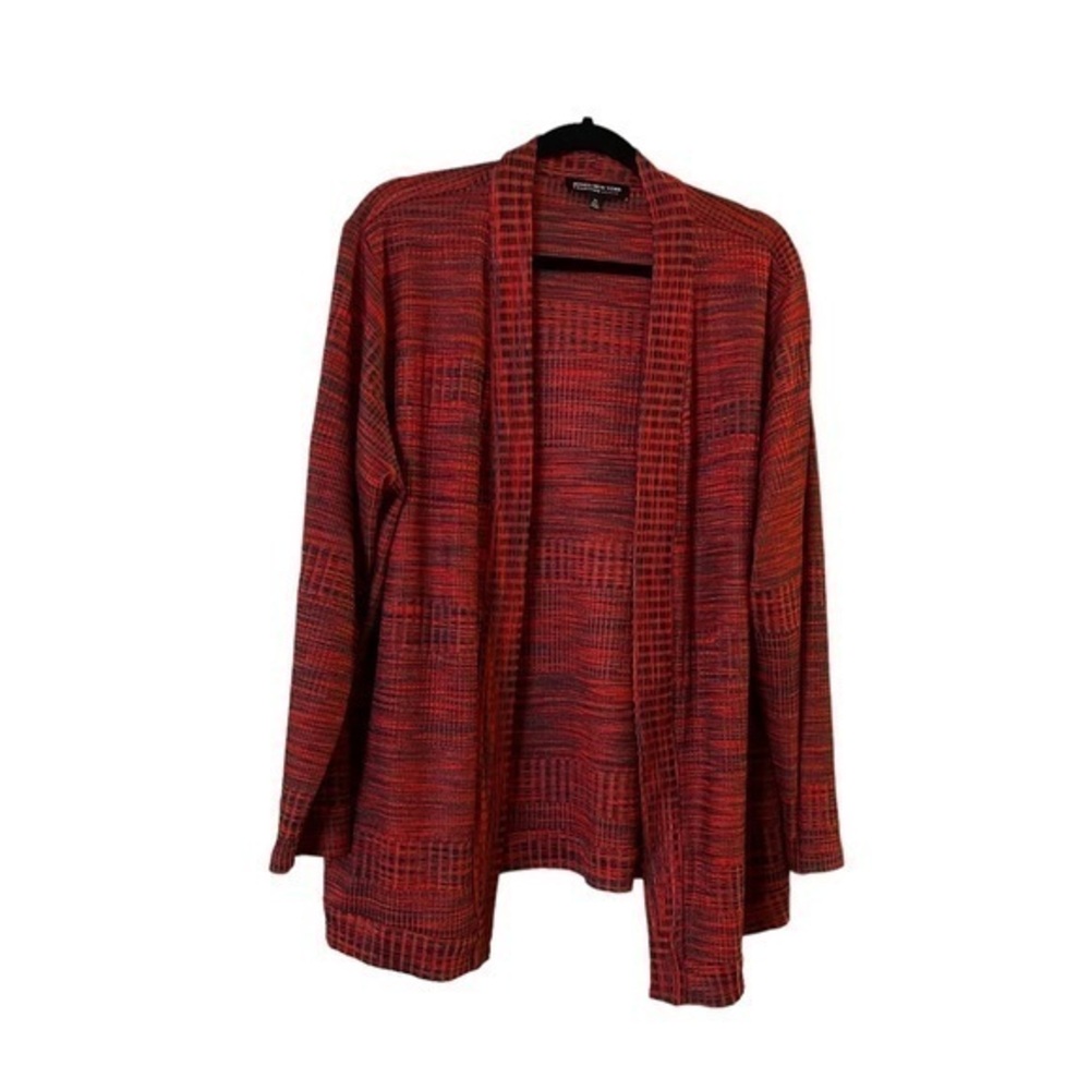 Jones New York Signature red & black lightweight ribbed cardigan sweater